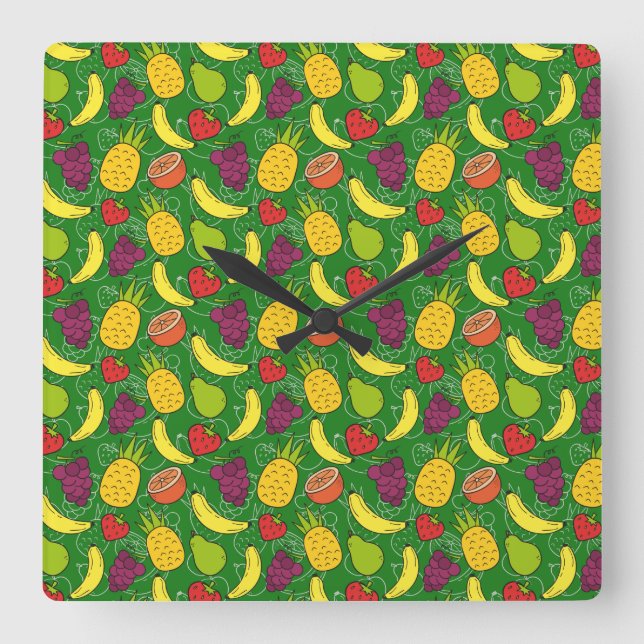 Reloj Cuadrado Patrón ininterrumpido de frutas | Patrón de superf (Anverso)