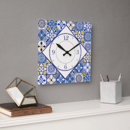 Reloj Cuadrado Patrón marroquí en blanco Verde azulado crema azul