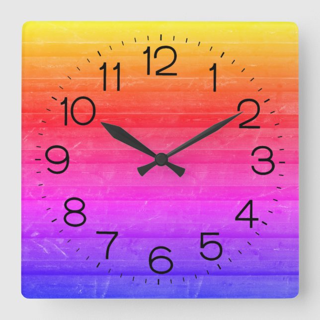 Reloj Cuadrado Patrón Neon Rainbow Wood (Anverso)