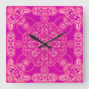 Reloj Cuadrado Patrón ornato rosa púrpura brillante único