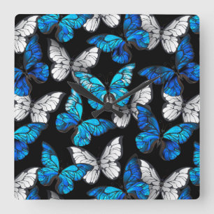Reloj Cuadrado Patrón oscuro sin foco con mariposas azules morfo