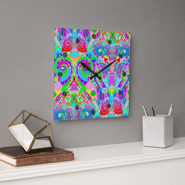 Reloj Cuadrado Patrón Pintado A Mano Y Digitalmente Art. 22 (Oficina)