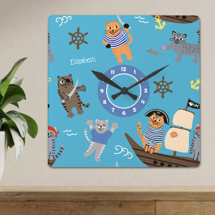 Reloj Cuadrado Patrón pirata de gato para niños y Chicas