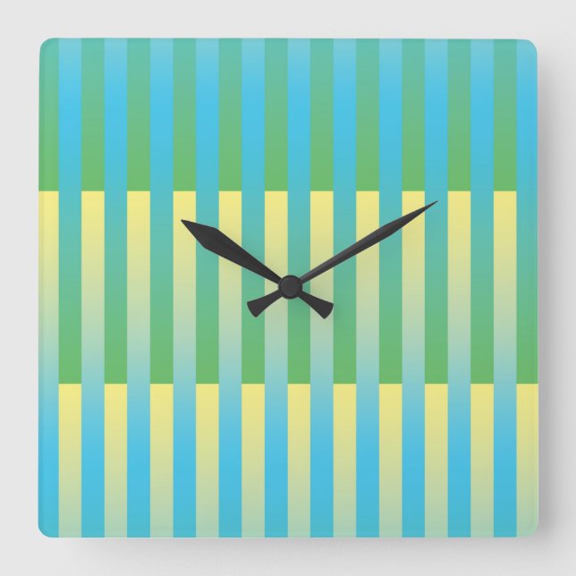 Reloj Cuadrado Patrón rayado verde amarillo azul (Anverso)