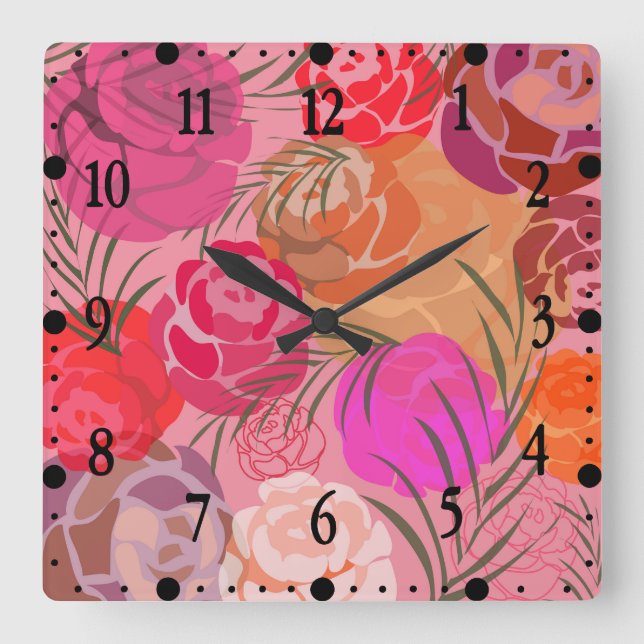 Reloj Cuadrado Patrón rosa con flores y plantas (Anverso)