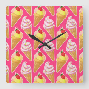 Reloj Cuadrado Patrón rosa de Kawaii con helado de fresa 