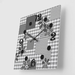 Reloj Cuadrado Patrón rústico de remiendo retro en blanco y negro