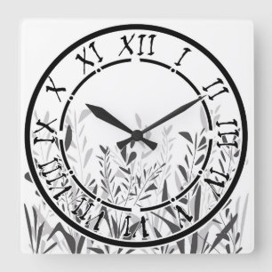 Reloj Cuadrado Patrón simple en blanco y negro con plantas silves