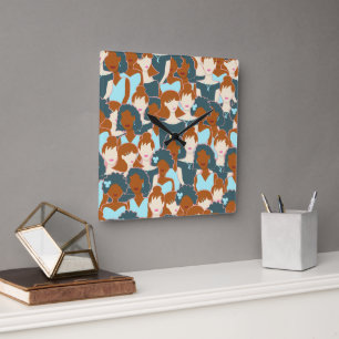 Reloj Cuadrado Patrón sin fisuras con chicas negros y chicas blan