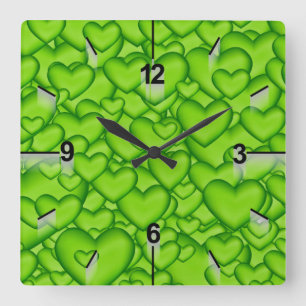 Reloj Cuadrado Patrón verde de textura 3D de los corazones-68689
