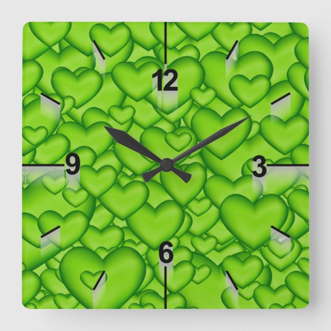 Reloj Cuadrado Patrón verde de textura 3D de los corazones-68689 (Anverso)