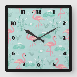 Reloj Cuadrado Patrón verde Pastel Rosa Flamingos