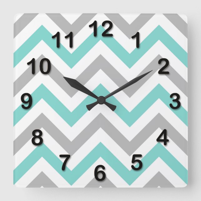Reloj Cuadrado Patrón ZigZag De Chevron Grande, Turquesa, Gris (Anverso)