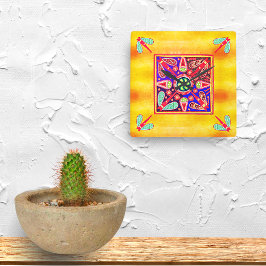 Reloj Cuadrado Patrones de arte dorado y morado del Huichol mexic