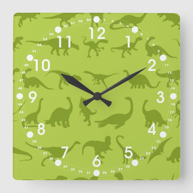 Reloj Cuadrado Patrones de dinosaurios verdes para niños (Anverso)