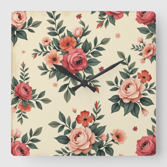 Reloj Cuadrado Patrones florales de época con elegancia clásica (Anverso)