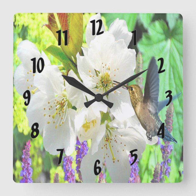 Reloj Cuadrado Peach Blossom Hummingbird (Anverso)