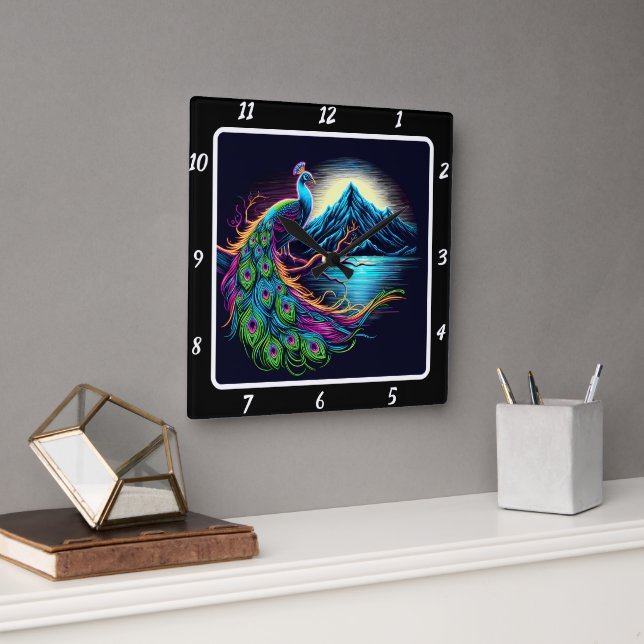 Reloj Cuadrado Peacock de neón radiante (Oficina)