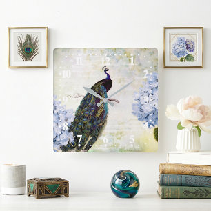 Reloj Cuadrado Peacock e hidrangea