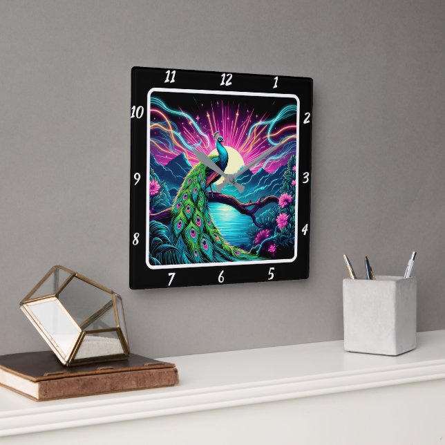 Reloj Cuadrado Peacock Elegance Neon (Oficina)