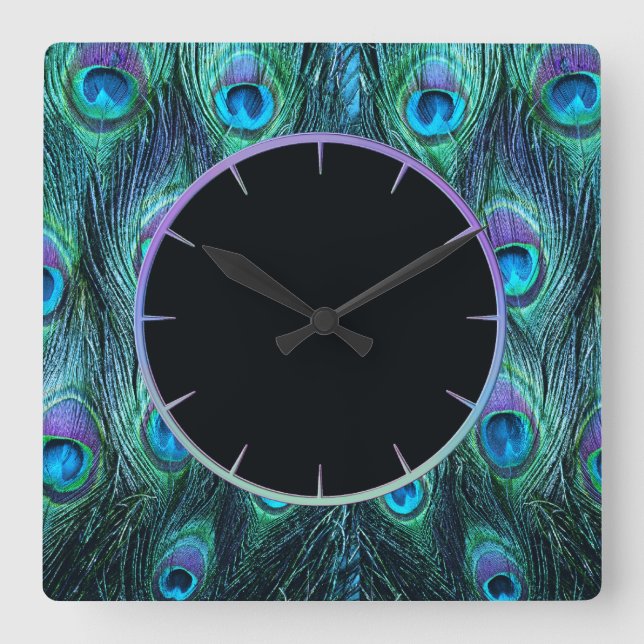 Reloj Cuadrado Peacock Feathers Aqua (Anverso)
