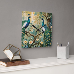 Reloj Cuadrado Peacock Jungla floral Verde azulada dorada