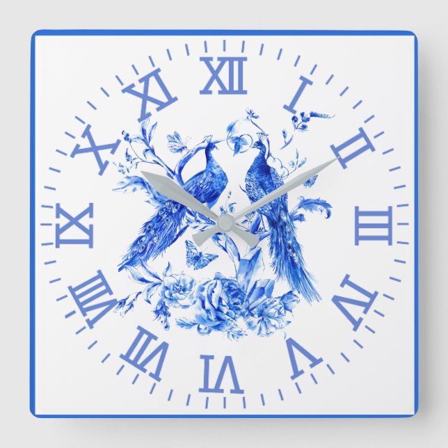 Reloj Cuadrado Peacocks Porcelana Blue Wall Clock (Anverso)