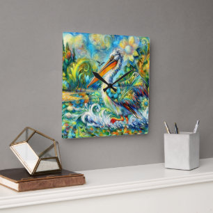 Reloj Cuadrado Pelican en el amarillo azul floral de Wonderland