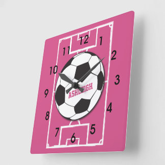 Reloj Cuadrado Pelota de fútbol personalizada y rosa de campo