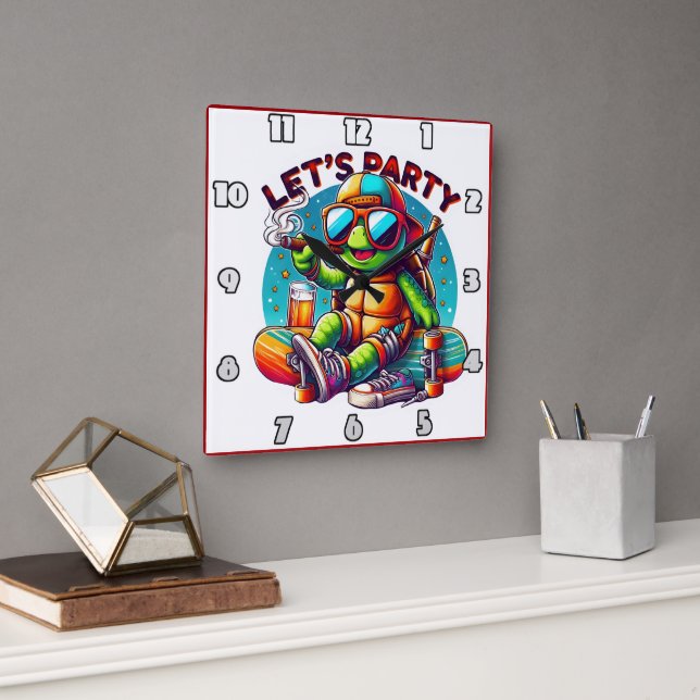 Reloj Cuadrado Pelota de patinaje helada en fiesta de tortugas (Oficina)