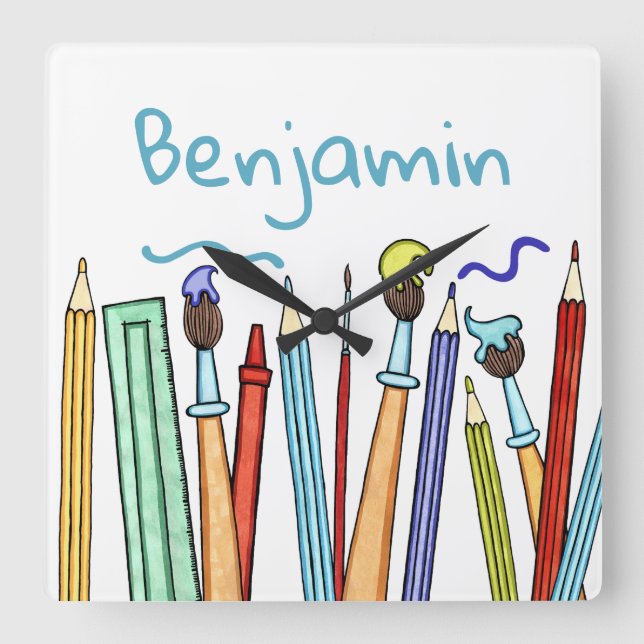 Reloj Cuadrado Pencillos y pinceles personalizados de artista (Anverso)