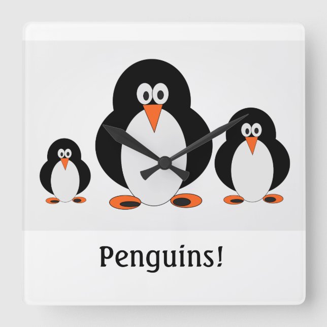 Reloj Cuadrado Penguins Wall Clock con opción de texto personaliz (Anverso)
