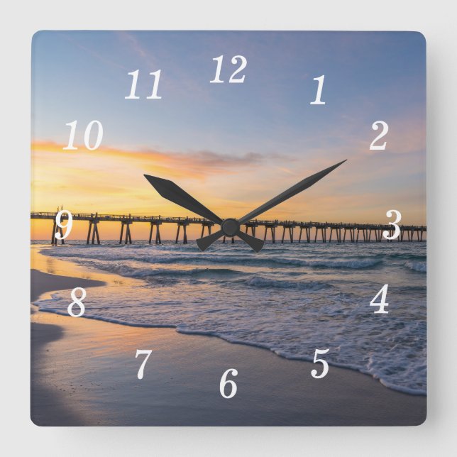 Reloj Cuadrado Pensacola Pier Shoreline Sunrise Wall Clock (Anverso)