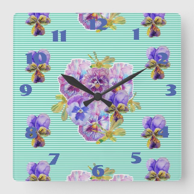 Reloj Cuadrado Pensamientos Florales Aqua Turquesa Deslucidos (Anverso)