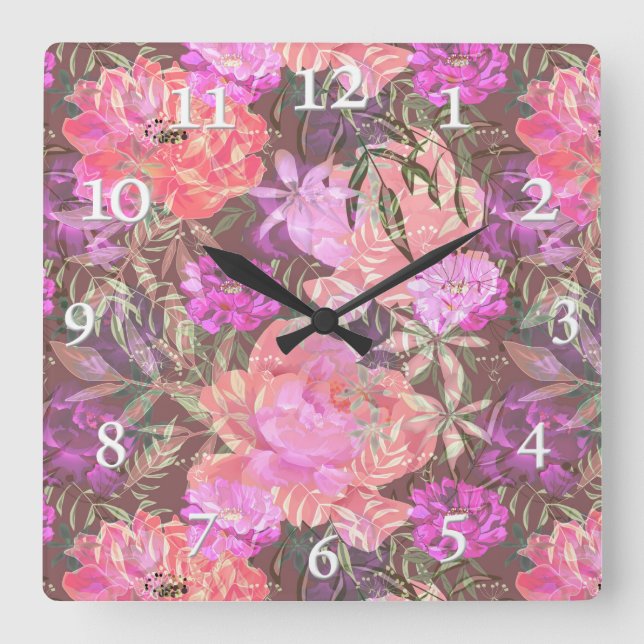Reloj Cuadrado Peonies pink rose flowers flower garden bouquet (Anverso)