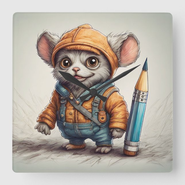 Reloj Cuadrado Pequeña y graciosa creatura de arte de lápiz (Anverso)