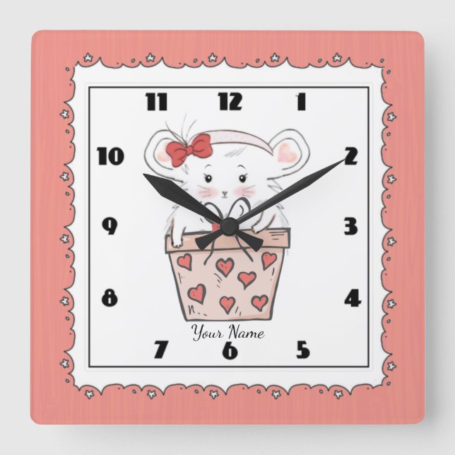 Reloj Cuadrado Pequeña y pequeña hámster rosa (Anverso)