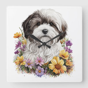RELOJ CUADRADO PEQUEÑO PERRO DE SHIH TZU ADORABLE CON FLORES