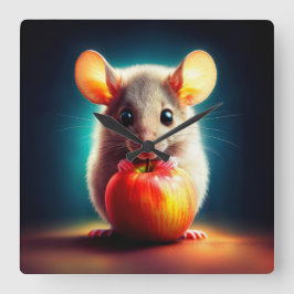 Reloj Cuadrado Pequeño ratón lindo con arte de cocina de manzana
