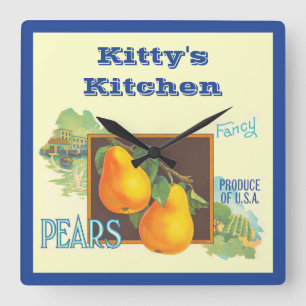 Reloj Cuadrado Peras editables Arte de caja de frutas vintage