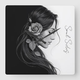 Reloj Cuadrado Perfil femenino artístico con rosa en monocromo