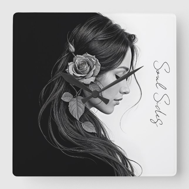 Reloj Cuadrado Perfil femenino artístico con rosa en monocromo (Anverso)