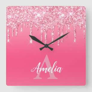 Reloj Cuadrado Perforaciones Purpurinas rosas de lujo añaden su p