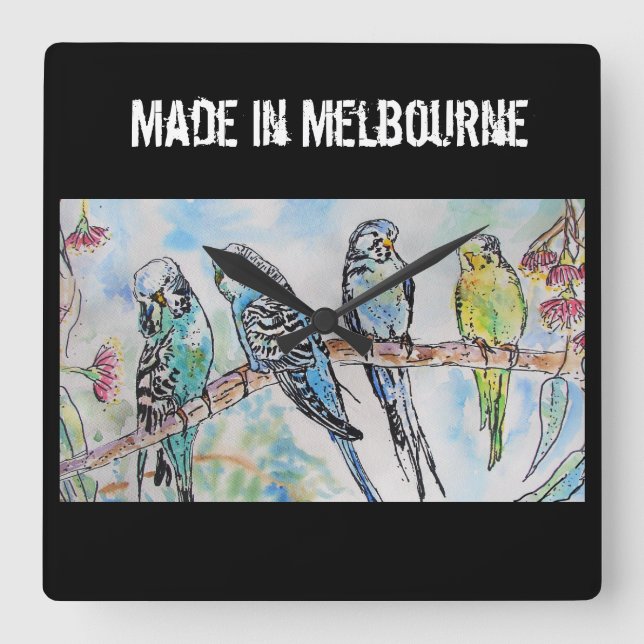 Reloj Cuadrado Periquito Periquito Pájaro Hecho En Melbourne Pája (Anverso)