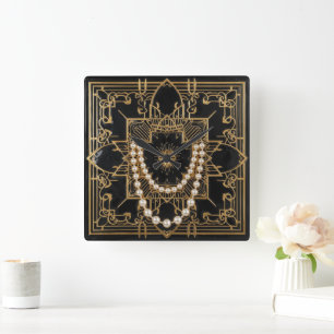Reloj Cuadrado Perlas Art Deco elegantes de oro negro