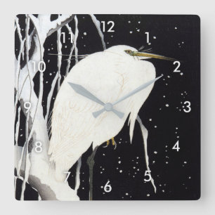 Reloj Cuadrado Perón blanco sobre Willow cubierto de nieve, Ohara