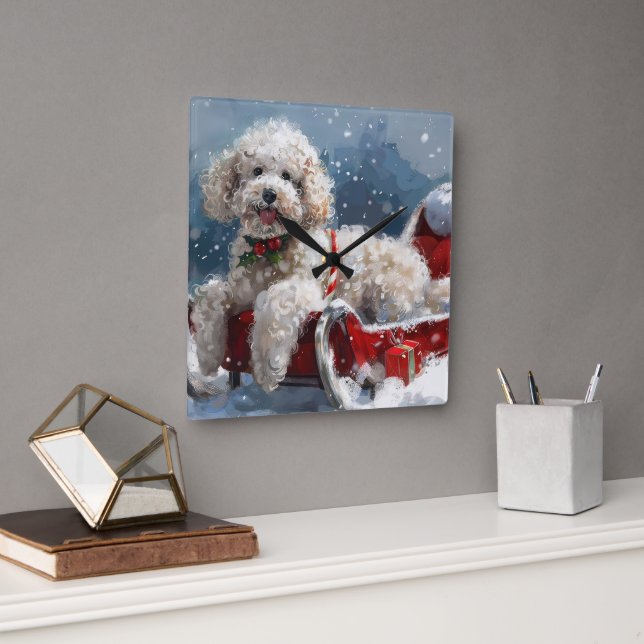 Reloj Cuadrado Perrito Caniche Navidad Festiva (Oficina)