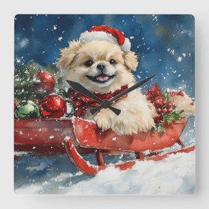 Reloj Cuadrado Perrito Pequinés en Trineo Deja que Nieve Navidad