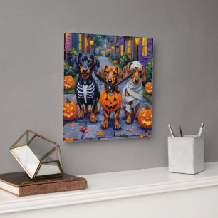 Reloj Cuadrado Perritos Dachshund Trick-or-Treating en Halloween