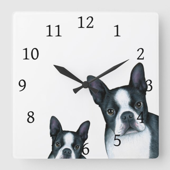 Reloj Cuadrado Perro 128 Black White Boston Terrier (Anverso)